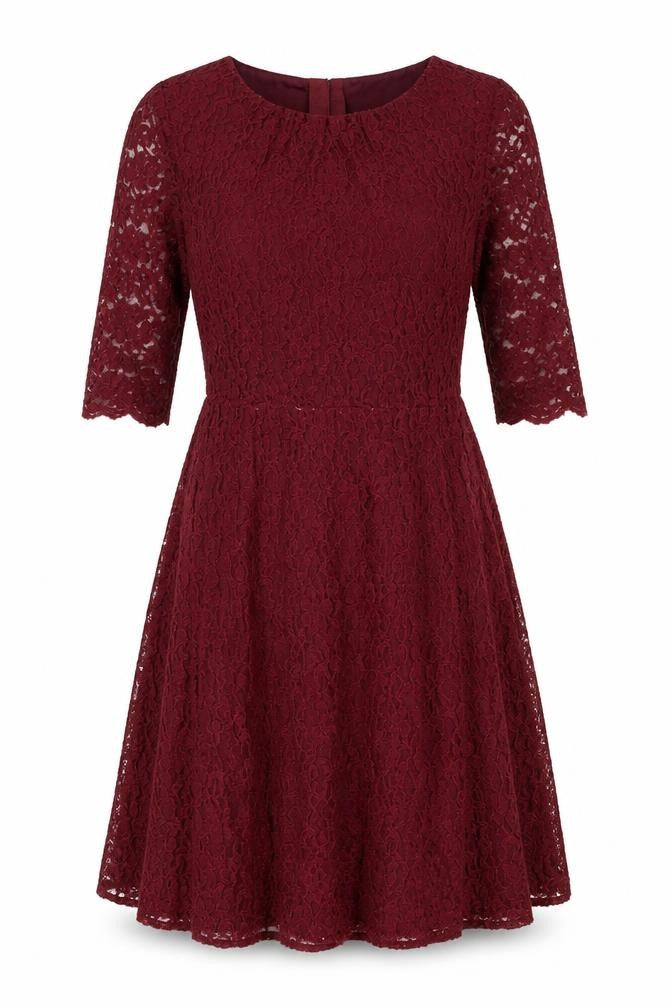 Front view of L.K. Bennett Women's Red Lace A-Line Dress, size 12