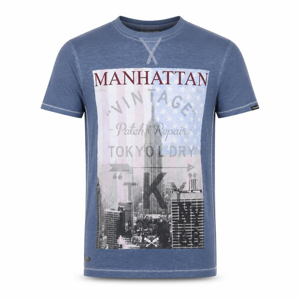 Front view of Tokyo Laundry Men's Blue Graphic T-Shirt, size S