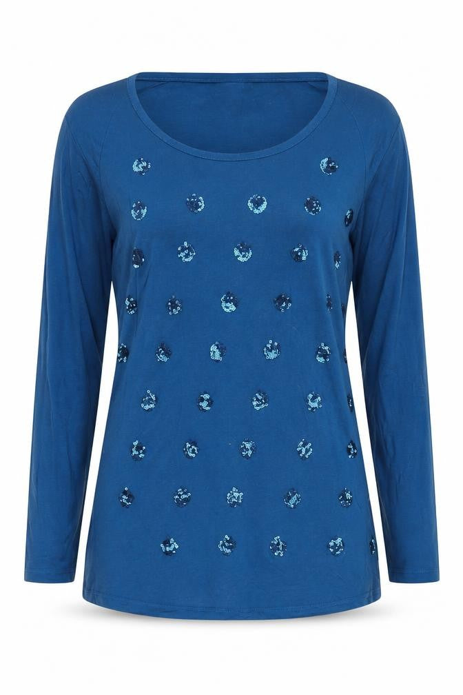 Front view of Reiss Women's Blue Sequin Long Sleeve T-Shirt, size S