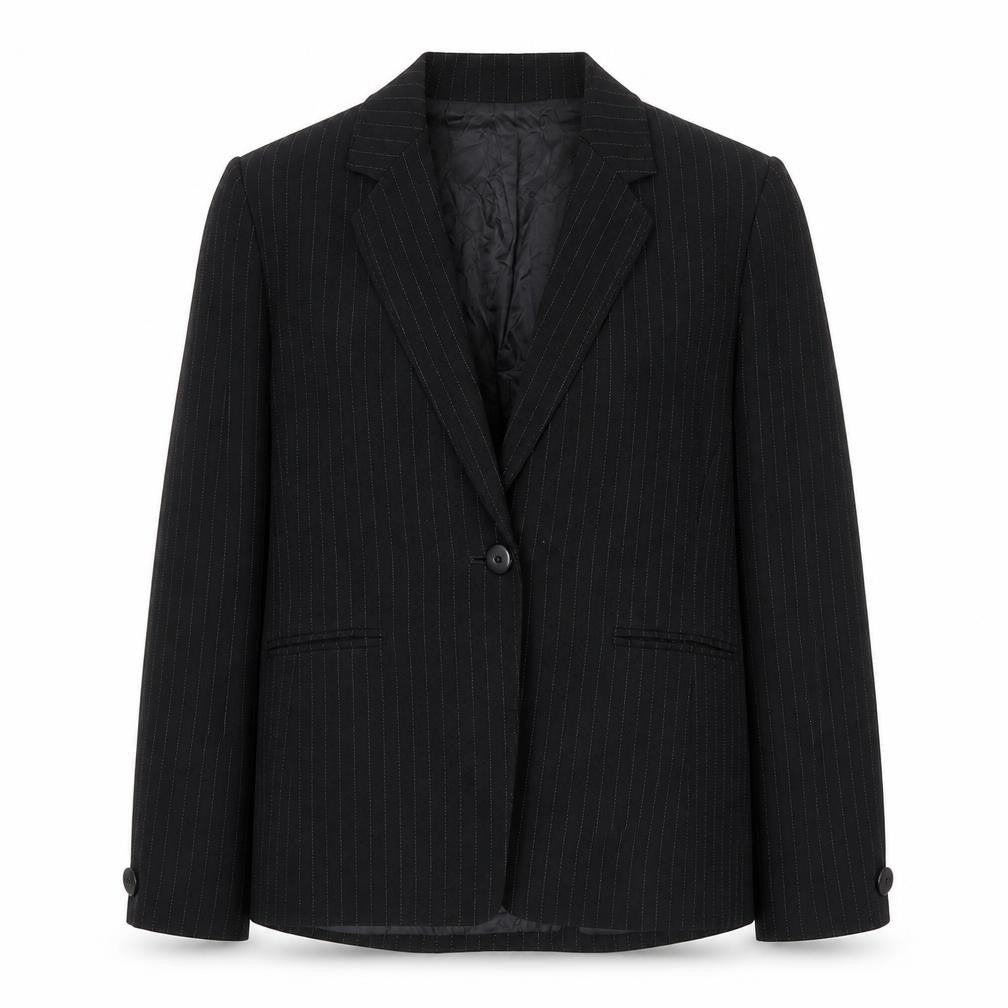 Front view of Viyella Women's Black Pinstripe Blazer, size 12, Workwear Formal