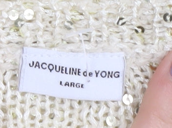 Jacqueline de Yong Beige Sequin Cardigan, L, Open-Knit