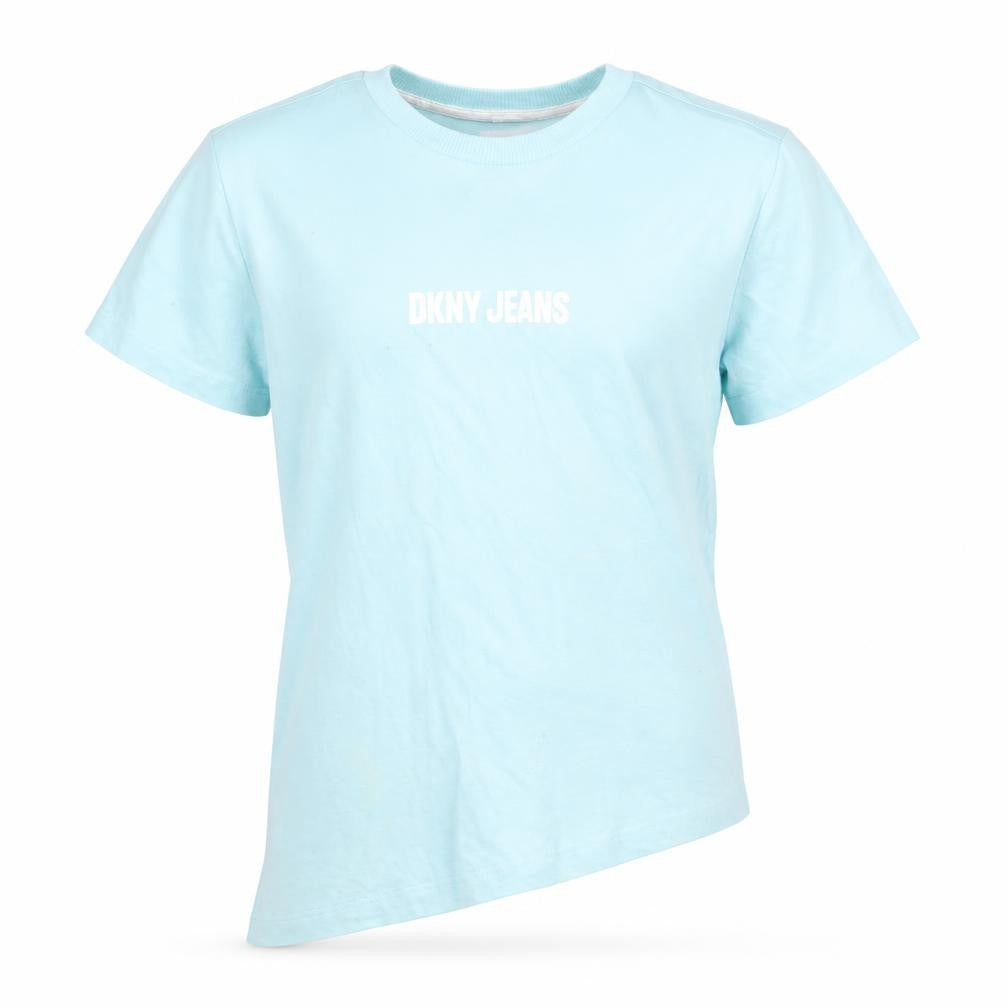 Front view of DKNY girls’ blue basic t-shirt, size S, logo accent