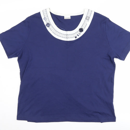 Damart Women's Blue Crew Neck Embroidered T-Shirt XL