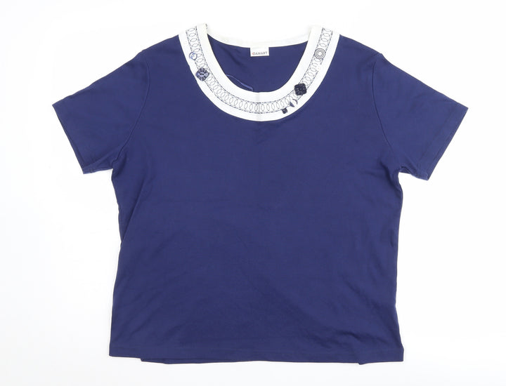 Damart Women's Blue Crew Neck Embroidered T-Shirt XL