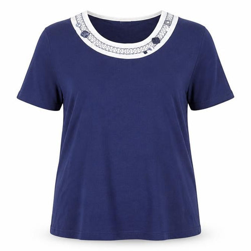 Damart Women's Blue Crew Neck Embroidered T-Shirt XL