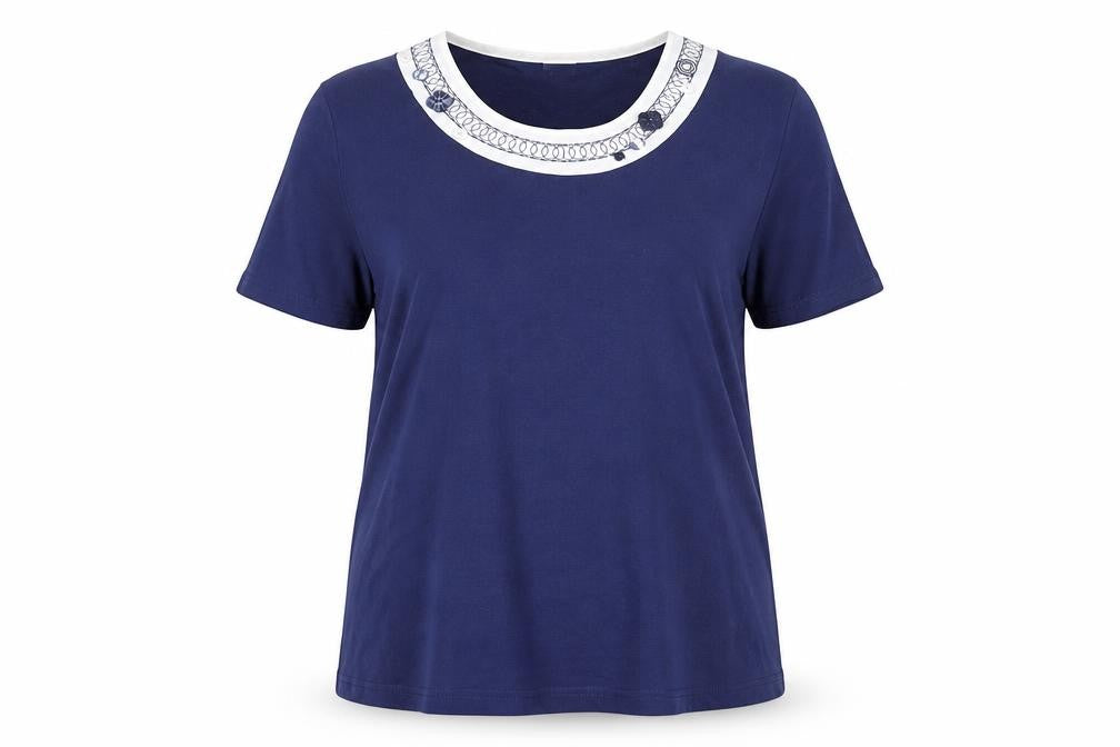 Damart Women's Blue Crew Neck Embroidered T-Shirt XL