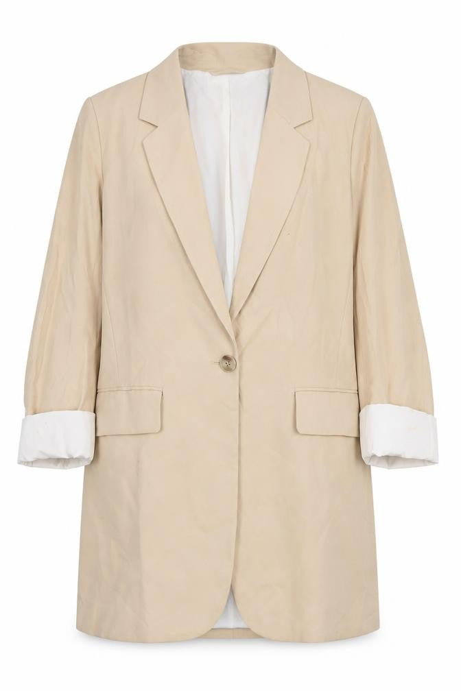 Front view of H&M Women's Beige Blazer, size 8, Regular Fit