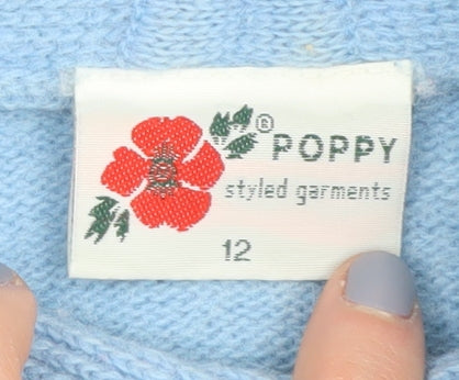 Poppy Women's Blue Wool Cowl Neck Jumper Size 12