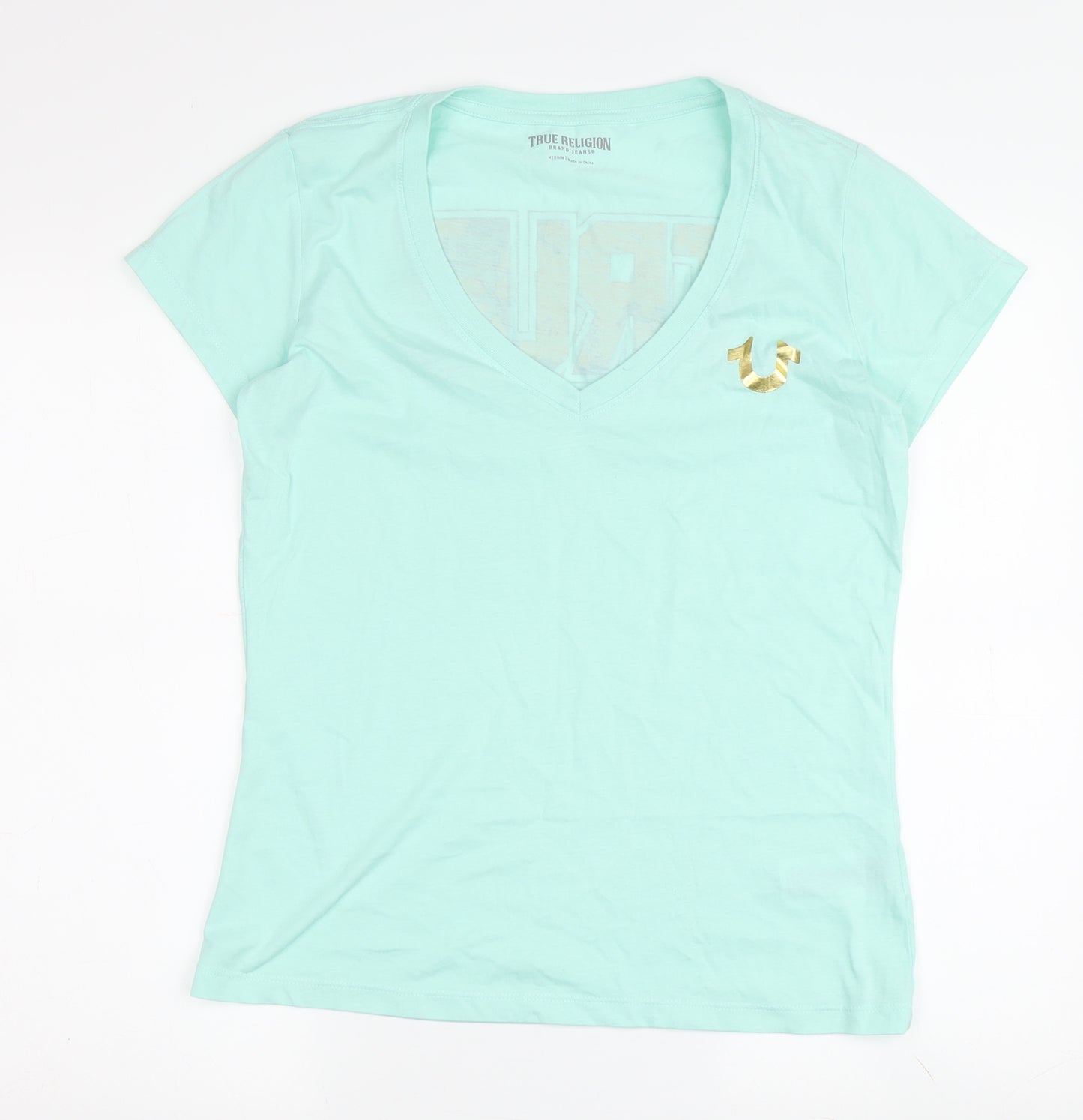 True Religion Women's Green V-Neck T-Shirt Medium