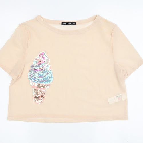 Boohoo Women's Beige Sequin T-Shirt - Size M