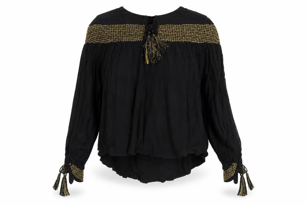 Front view of ASOS Women's Black Tunic Blouse, size 12, - Tasselled & Elegant