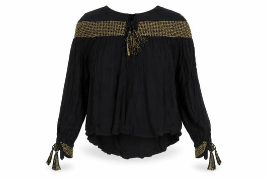 Front view of ASOS Women's Black Tunic Blouse, size 12, - Tasselled & Elegant