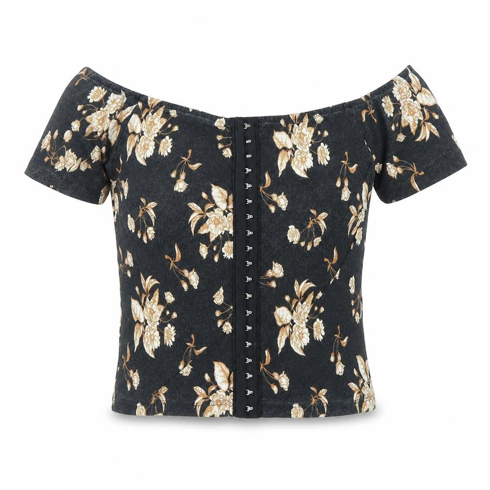 Front view of River Island Women's Black Floral Cropped T-Shirt