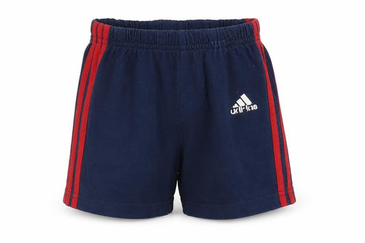 Front view of Adidas unisex baby blue shorts 12-18m elastic waist