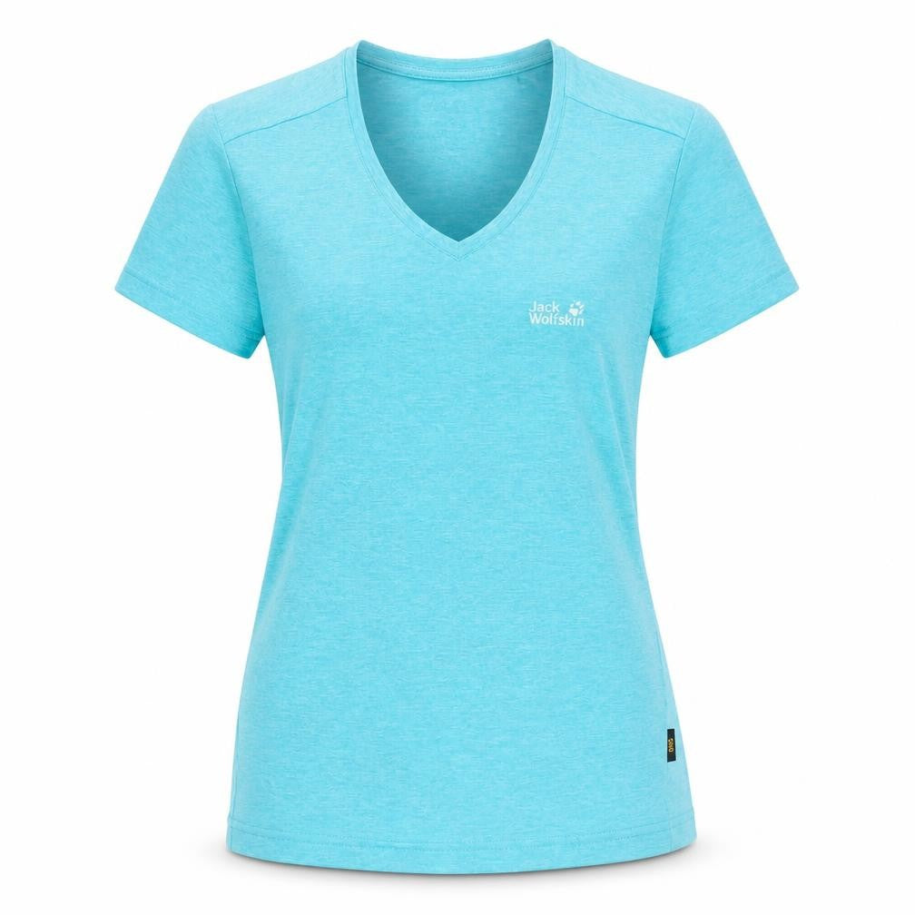 Front view of Jack Wolfskin Women's Blue T-Shirt V-Neck, size 10