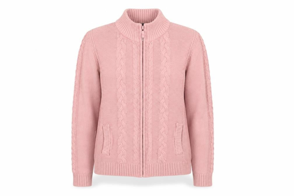 Front view of ISLE Women's Pink Full Zip Mock Neck Jumper, size S
