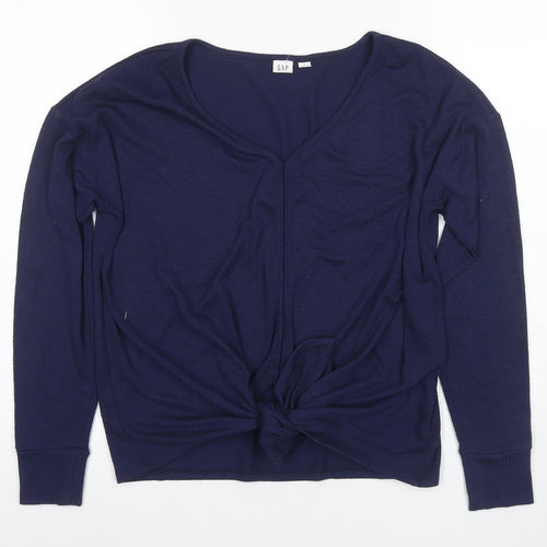 GAP Women's Blue Blouse - Medium, V-Neck, Long Sleeve