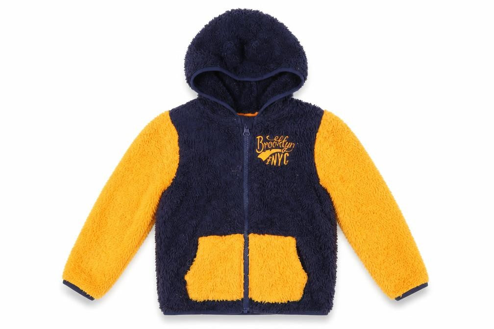 Front view of Lupilu boys’ hooded fleece jacket blue yellow, size 5