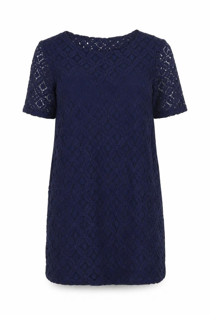 Front view of Next Women's Blue Lace Shift Dress, size 8