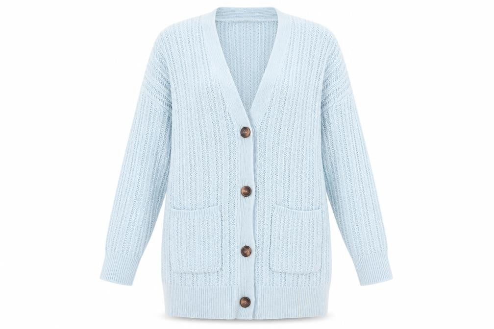 Front view of Very Women's Blue V-Neck Cardigan, size M, Wool Blend