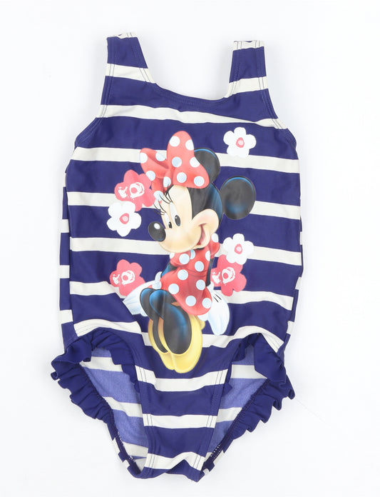 Front view of Disney girls’ blue striped minnie mouse one piece swimwear