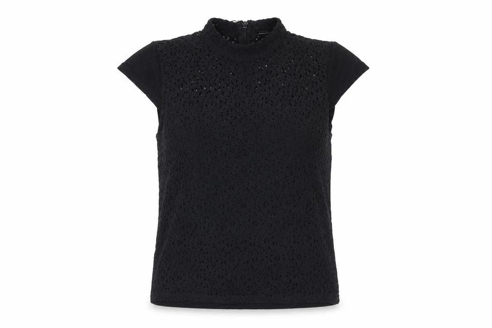 Front view of Andrew Marc Women's Black Lace Sleeveless Blouse, size S