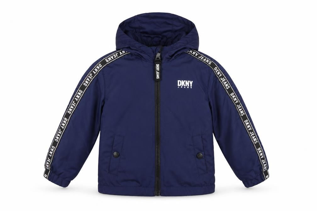 Front view of DKNY boys’ blue basic hooded jacket, size 2, years