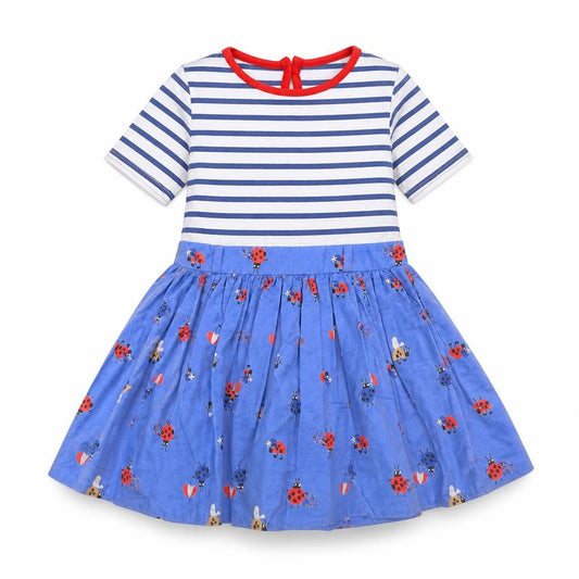 Front view of Next girls’ blue striped skater dress, age 3 with animal theme