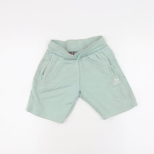 Adidas Boys Green Sweat Shorts, Size 9-10, Drawstring Pockets