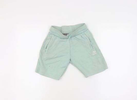 Adidas Boys Green Sweat Shorts, Size 9-10, Drawstring Pockets
