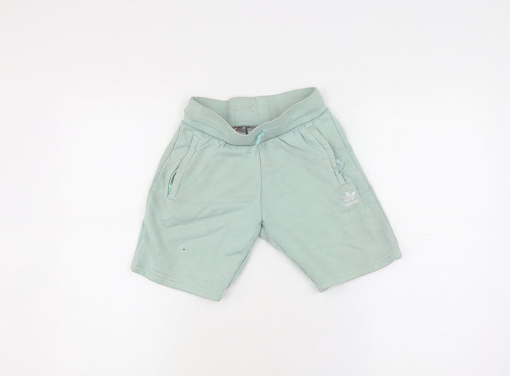 Adidas Boys Green Sweat Shorts, Size 9-10, Drawstring Pockets