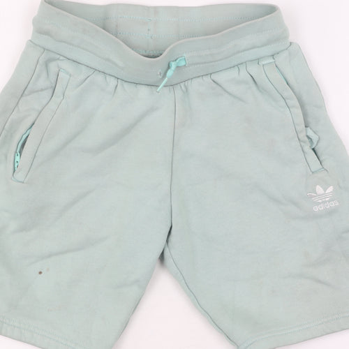 Adidas Boys Green Sweat Shorts, Size 9-10, Drawstring Pockets
