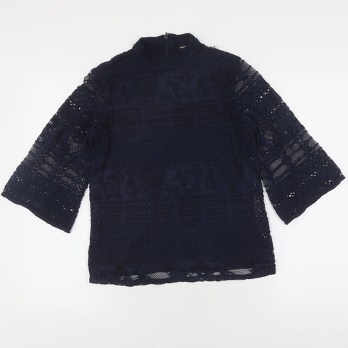 Warehouse Women's Black Lace Top UK 8 with High Neck