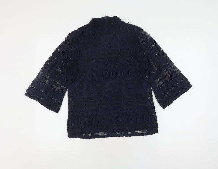 Warehouse Women's Black Lace Top UK 8 with High Neck