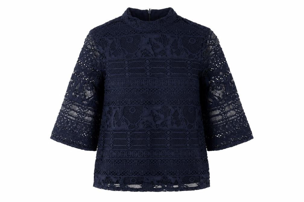 Front view of Warehouse Women's Black Lace Top UK 8 with High Neck