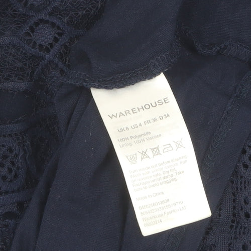 Warehouse Women's Black Lace Top UK 8 with High Neck