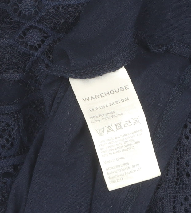 Warehouse Women's Black Lace Top UK 8 with High Neck