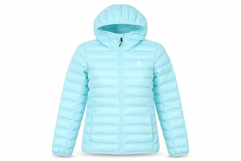 Front view of Adidas Women's Blue XS Puffer Jacket with Hood