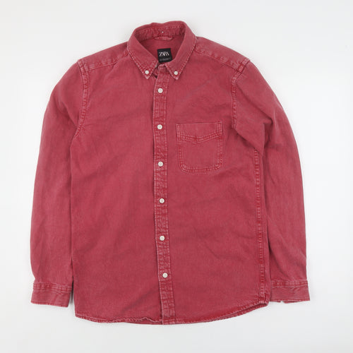 Zara Men's Red Cotton Button-Up Shirt, Size S