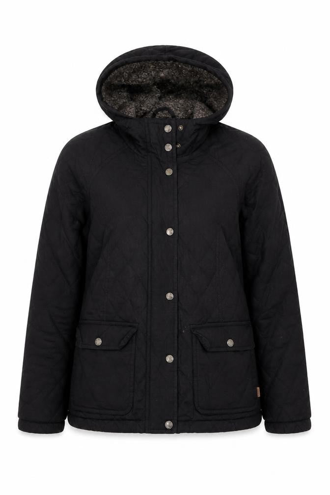 Front view of FatFace Women's Black Quilted Cotton Hooded Jacket, size 12