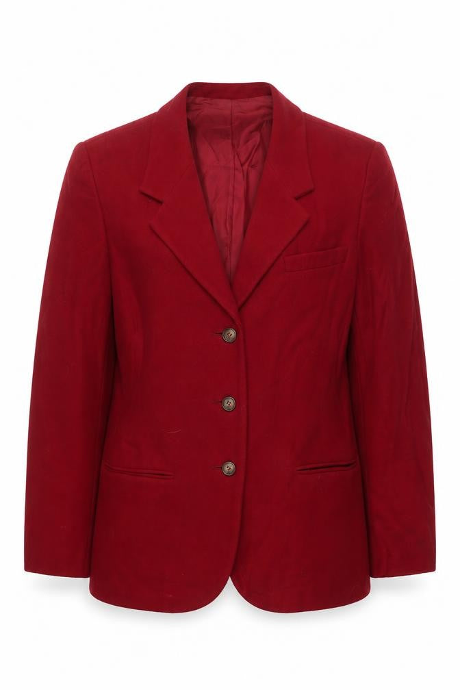 Front view of Laura Ashley Women's Red Wool Blazer, size 8, Classic Style