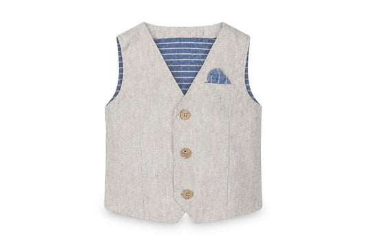 Front view of Next unisex baby beige waistcoat 12-18 months linen formal