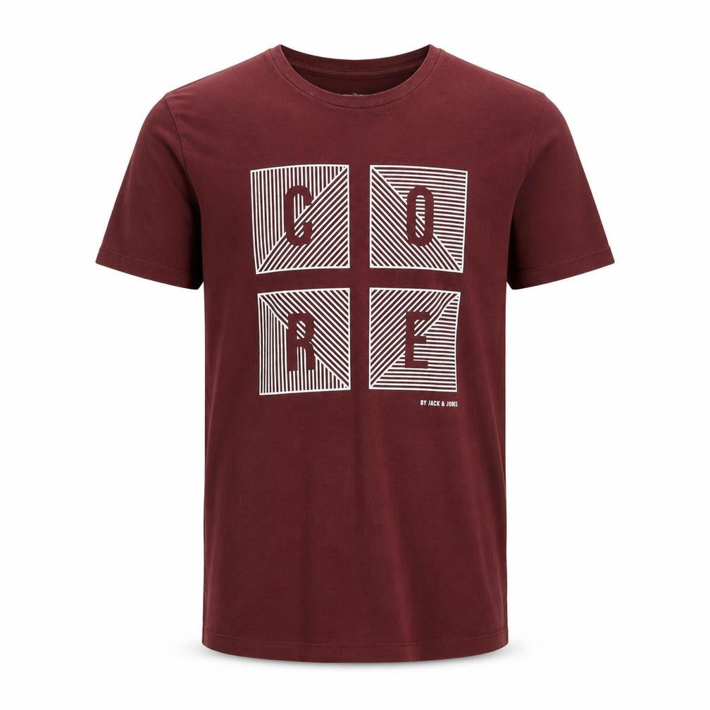 Front view of Jack & Jones Men’s Red Graphic T-Shirt, size S, Crew Neck