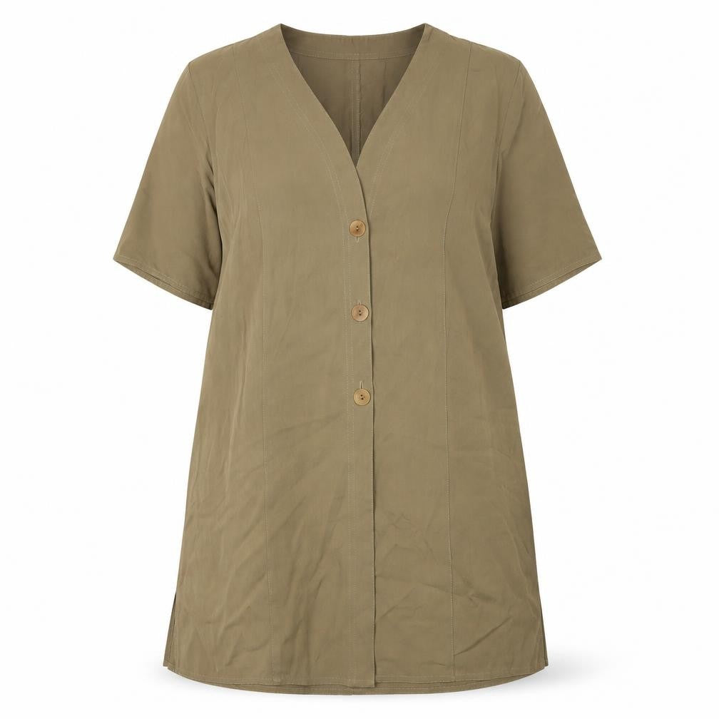 Front view of Windsmoor Women's Brown Button-Up Short Sleeve Top, size 12
