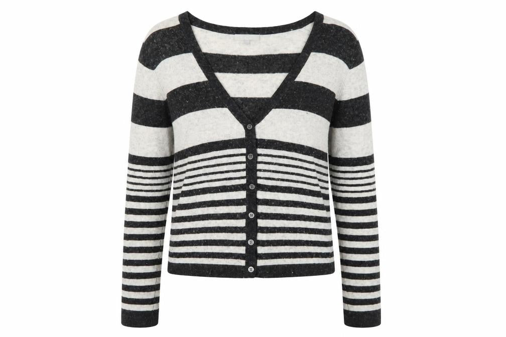 Front view of Kew Women's Black Striped Cardigan, M, Wool Blend