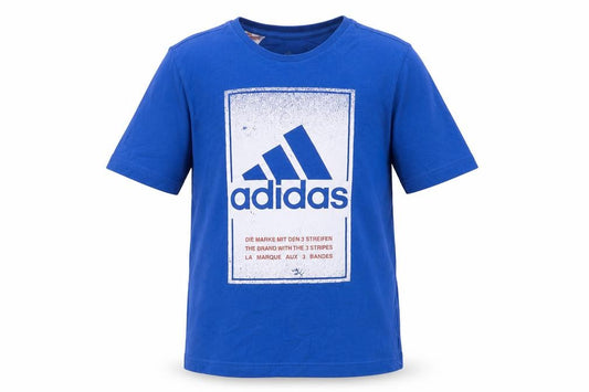 Front view of Adidas boys’ blue graphic print t-shirt, size M