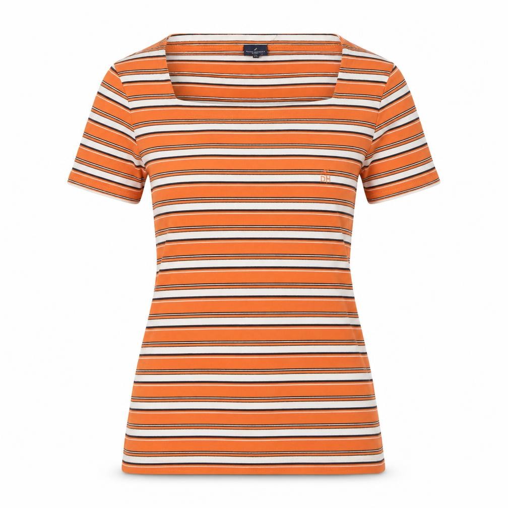 Front view of Daniel Hechter Women's Orange Striped Slim T-Shirt, size 8