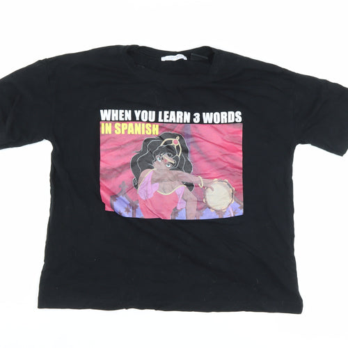 Zara Women's Black Graphic Tee M - Humour Cartoon Style