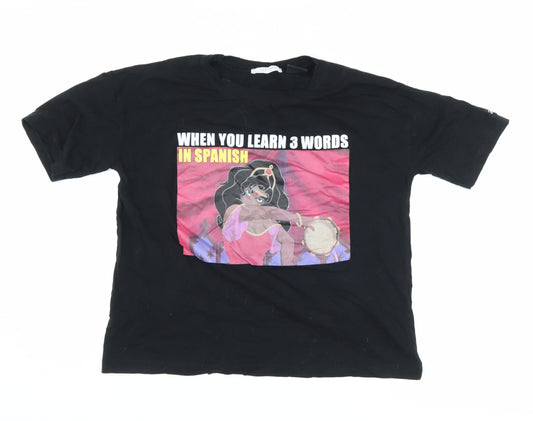 Front view of Zara Women's Black Graphic Tee M - Humour Cartoon Style