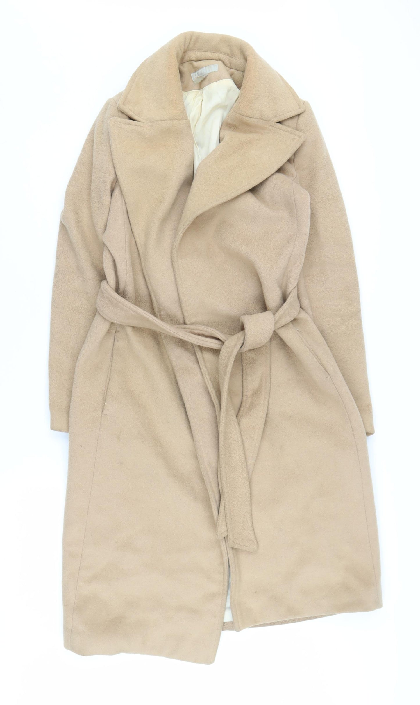 H&M Women's Beige Long Belted Coat - Size 4